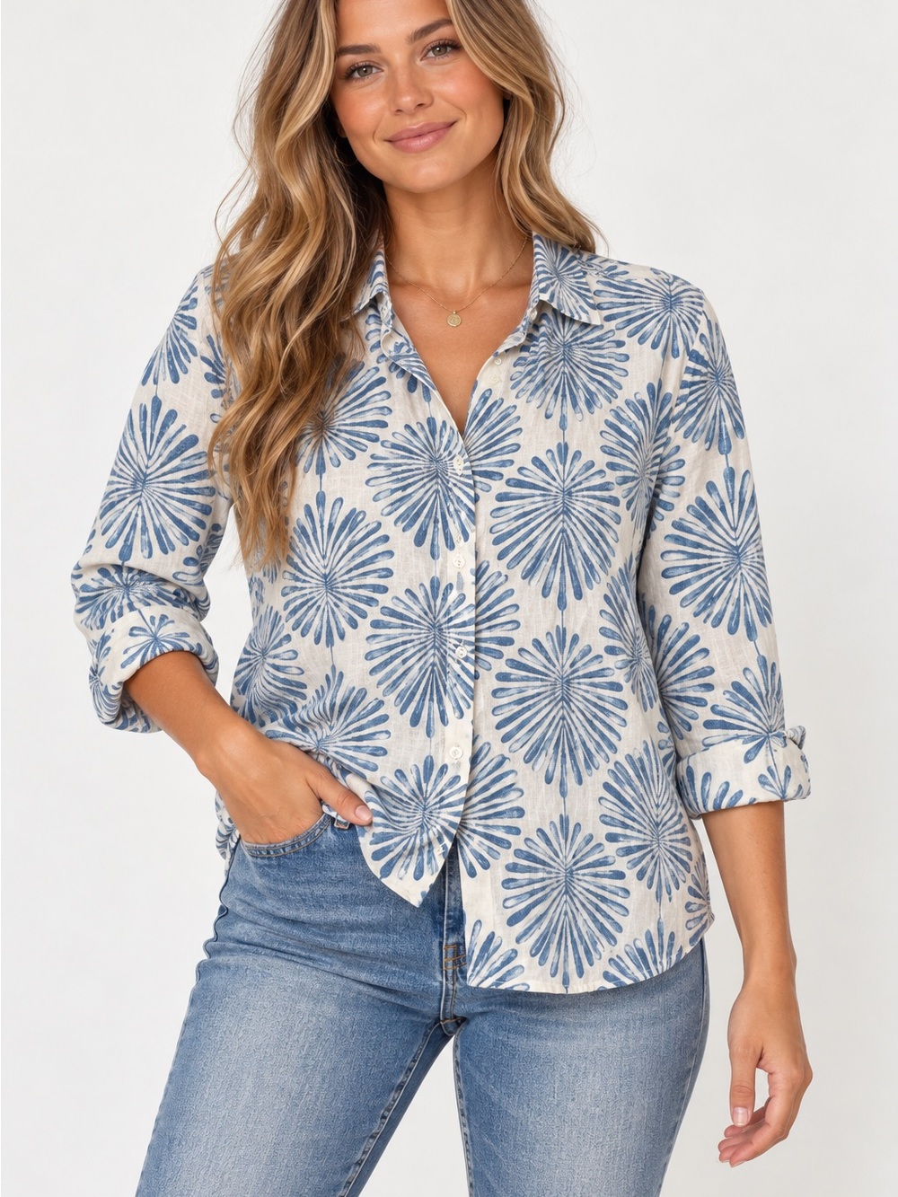 Joie 100% Linen Blue White Floral Print Button Down Shirt Women’s Large Boho